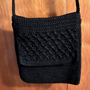 Worthington Woven Crochet Knit Crossbody Black Shoulder Bag Purse Zipper